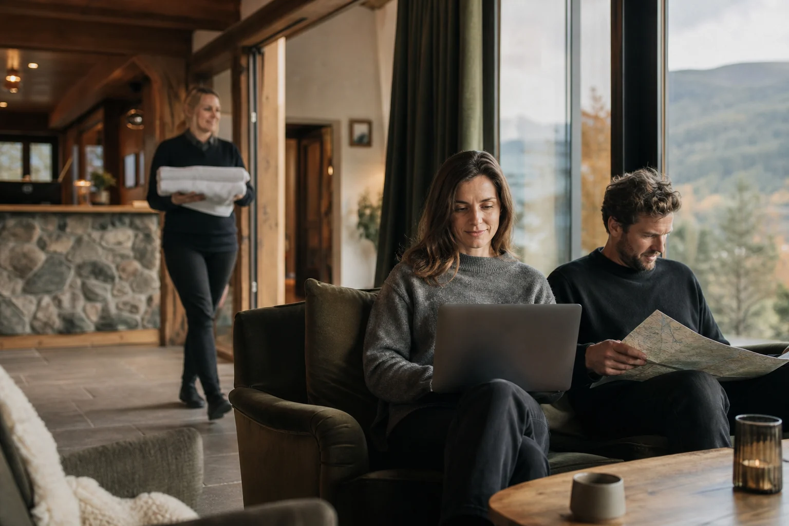 Gäster som planerar sin vistelse i en hotellounge