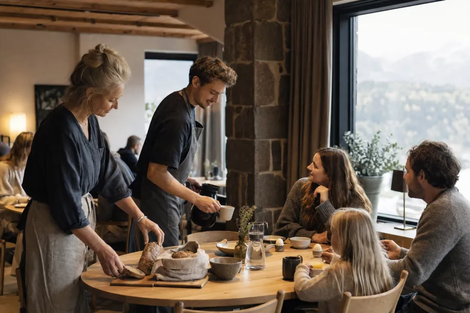 A hotel team serving breakfast to a family