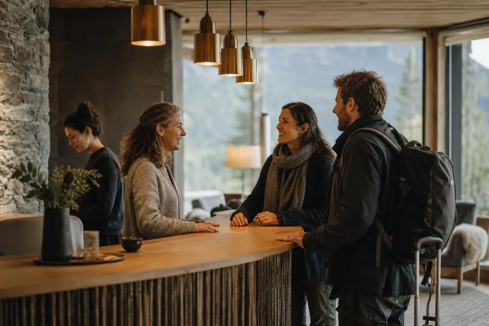 Hotel team welcoming guests at the front desk