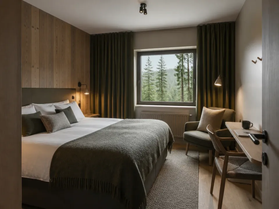 A hotel room with warm wood finishes and a forest view